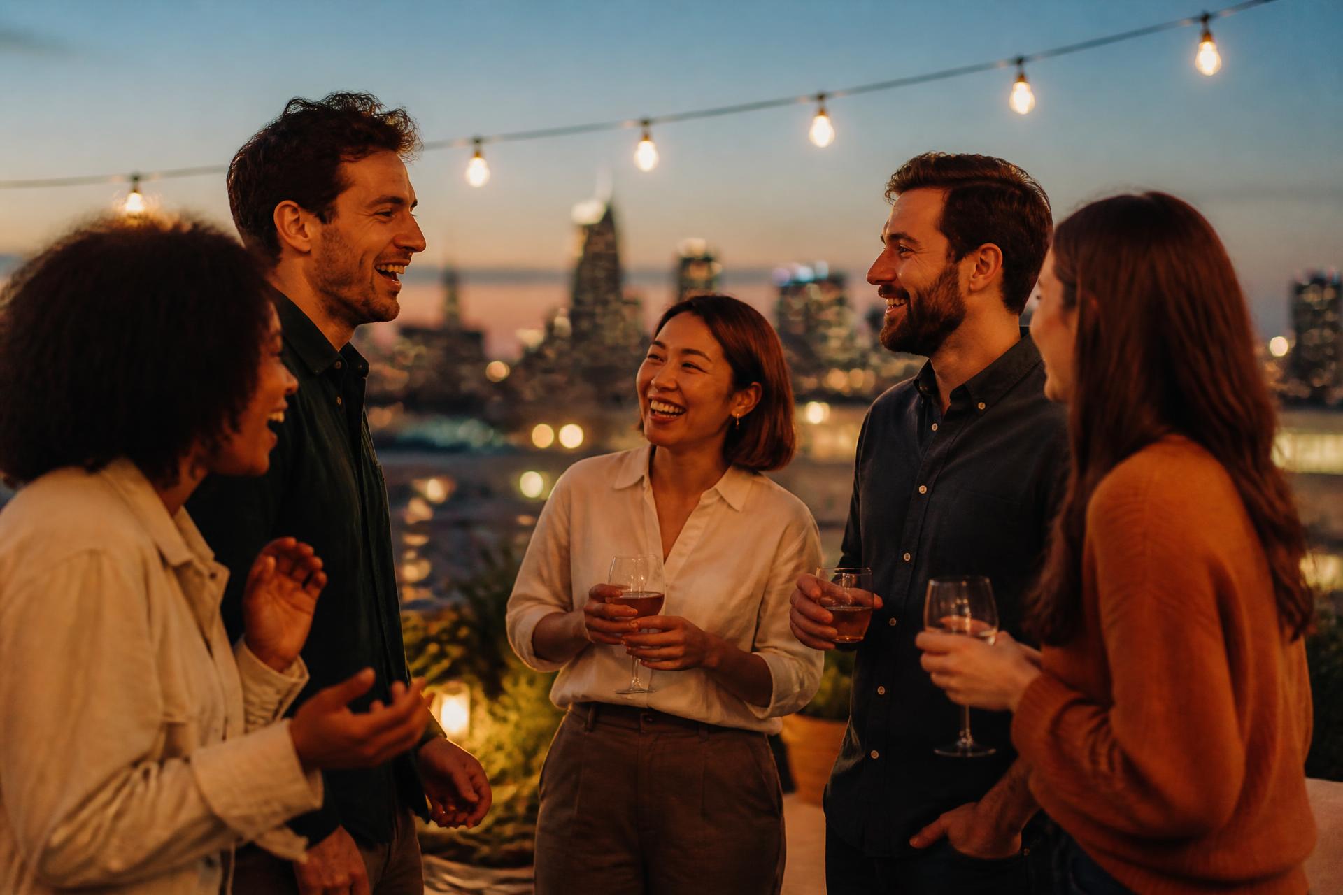 A small group of friends talking and laughing at a rooftop gathering in the city at dusk